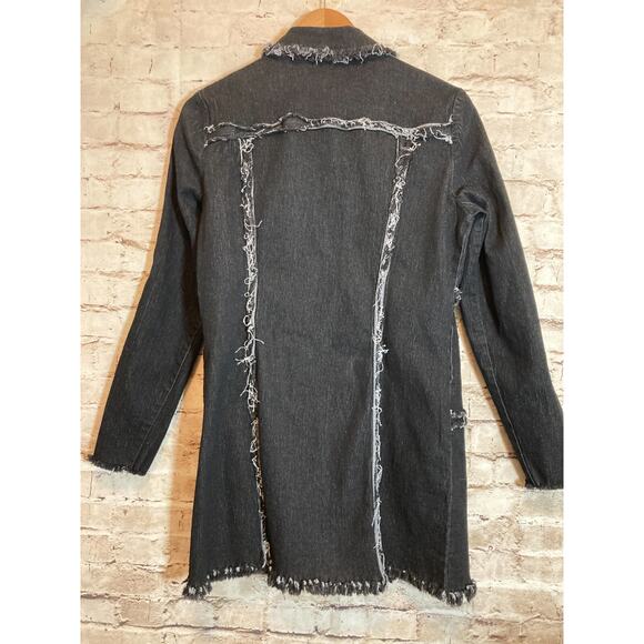 A.Z.I. NY Jacket Womens Small Denim Jean Black Patchwork Fringed Distressing - Picture 9 of 12